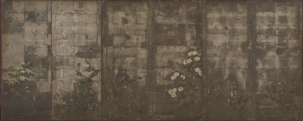 季節の花、スクリーン（6パネル）、1600-30（紙の上の銀色）